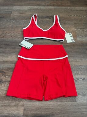 Wilo The Label Contrast Bind Bra Short Set Red White NWT Size Medium 2 Piece